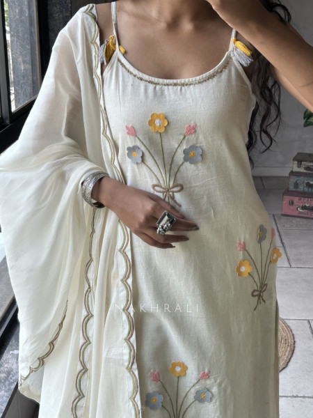 Kusumit Cream Khadi Cotton Suit Set with Embossed Flower Work