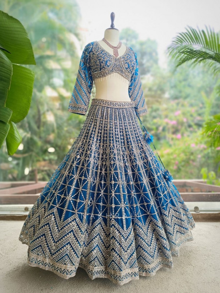 Kaira Blue Mirror Work Silk Lehenga