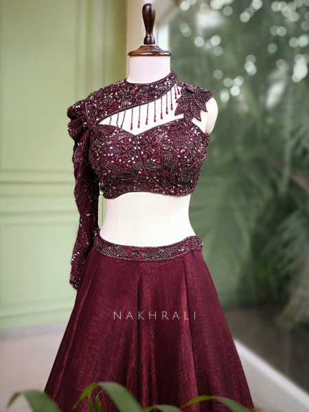 Nayara Maroon Indo-Western Lehenga with Sequin and Cut Dana Work