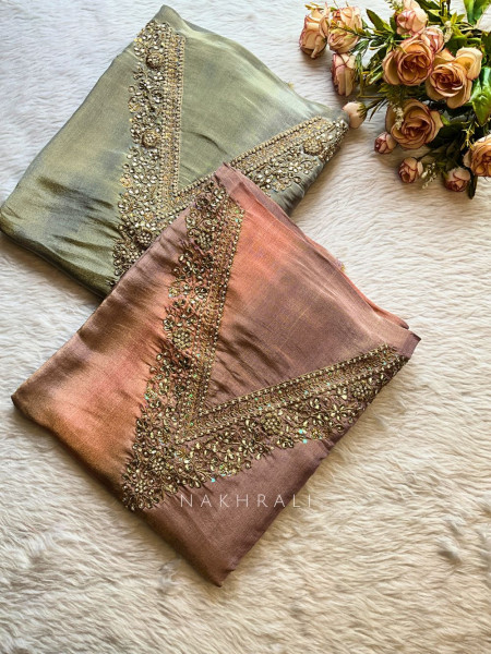 Aangan Grey Gold Silk Dress Material with Festive Borders