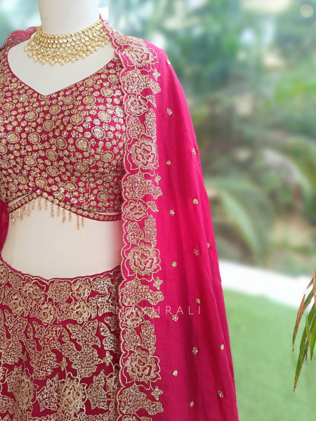 Pushkara Magenta Raw Silk  Bridal Lehenga