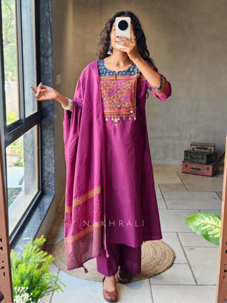 Zerith Solid Wine Kurta Pant Set with Phulkari Embroidered Yoke