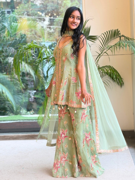 Willow Bloom Pista Green Indo-Western Palazzo Kurta Set