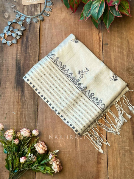 Vadi Black Raw Silk Saree with Kantha & Tribal Embroidery