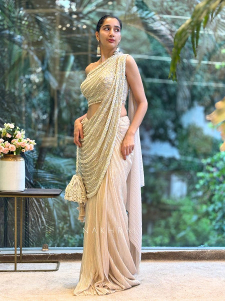 Stardust Peach Drape Saree with Cutdana and Pearl Work