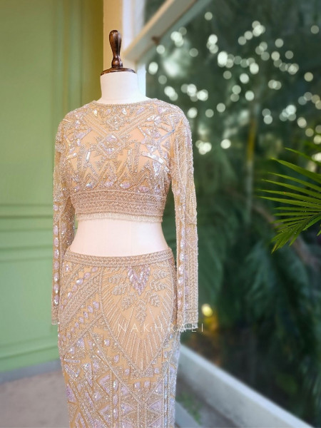 Ethereal Prism Beaded Crop Top & Sleek Skirt Set