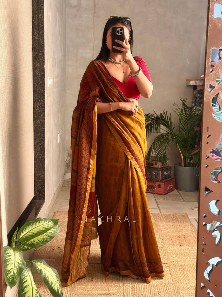 Image of Saanjh Mustard Chanderi Saree