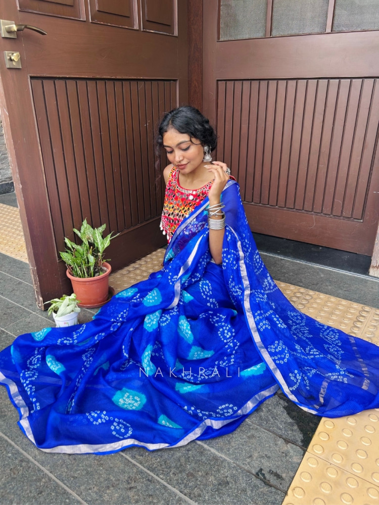 Image of Ritvika Blue Bandhani Work &amp; Silver Zari Border Saree