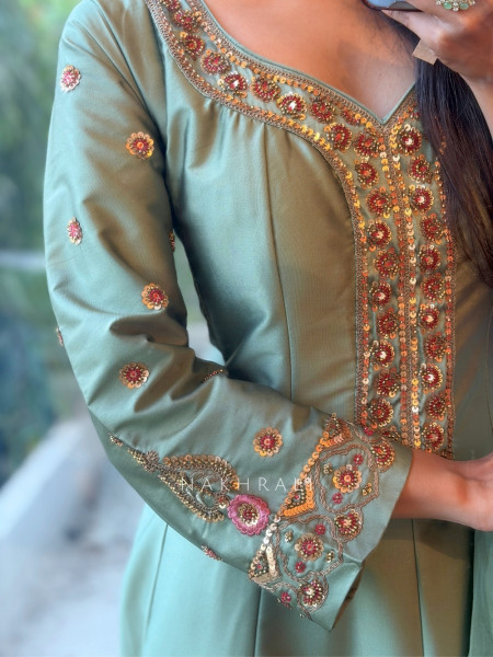 Imperial Blossom Green Silk Blend Anarkali Suit Set