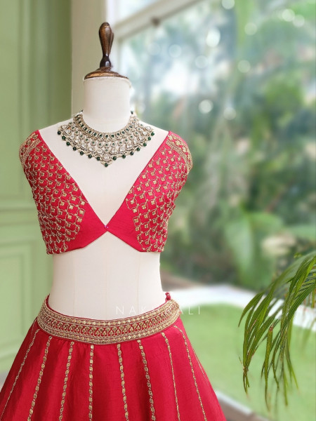 Rosethorne Red Raw Silk or Satin-Silk Unstitched Bridal Lehenga With Antique Zari Jaal Work