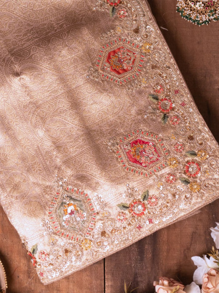 Royal Princess Beige Banarasi Silk Saree with Zardozi Detailing