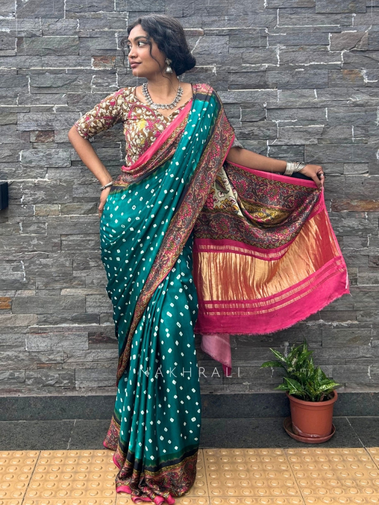 Image of Kalam-Kari Bandhan Rama Green Gaji Silk – Bandhani Saree