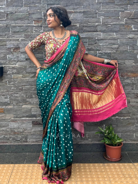 Kalam-Kari Bandhan Rama Green Gaji Silk – Bandhani Saree