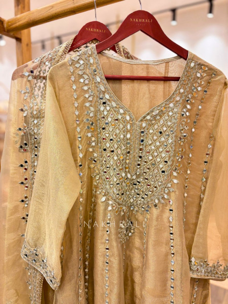 Mehreen Beige Mirrorwork Kurta Pant Set