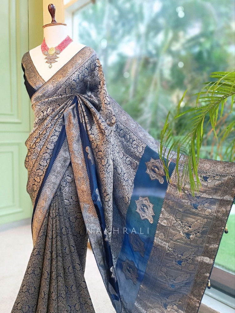 Image of Noor-e-Kashi Katan Silk Blue Saree With Banarasi Zari Brocade Weave