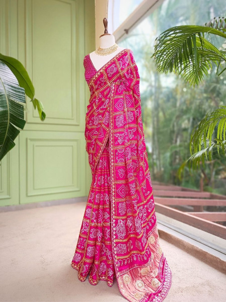 Rangsheesh Magenta Bandhani Saree with Heritage Border