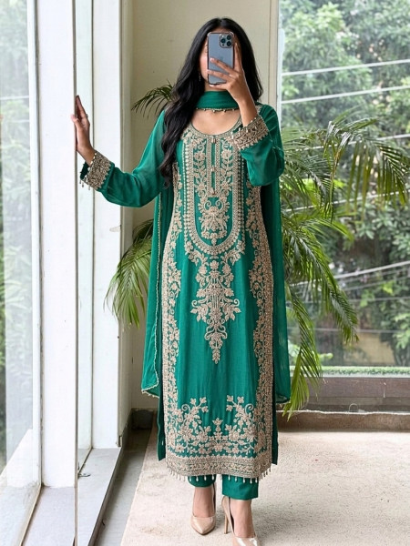 Vermilion Green Georgette Crepe-Silk Blend Straight Suit Set
