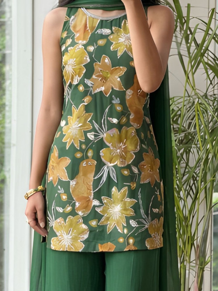 Fiesta Green Floral Viscose Silk Indo-Western Sharara Set