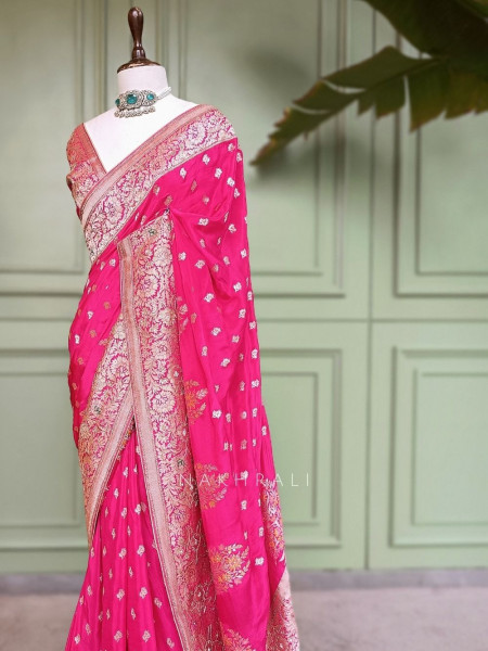 Padmika Magenta Banarasi Katan Silk Saree with Zari Buti and Meenakari Brocade Pallu