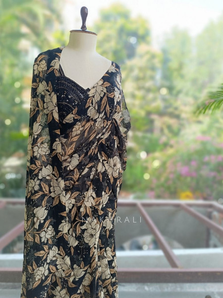 Carvella Black Pure Georgette Semi-Organza Floral Saree with Embroidered Bustier Blouse