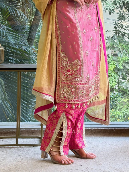 Millie Pink Embroidered Designer Suit Set with Golden Dupatta