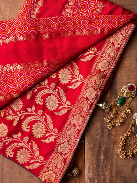Pravahini Red Bandhani Saree with Sequin, Cut Dana & Mirror Work Readymade Blouse