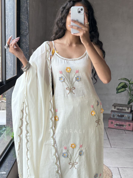 Kusumit Cream Khadi Cotton Suit Set with Embossed Flower Work