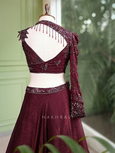 Nayara Maroon Indo-Western Lehenga with Sequin and Cut Dana Work