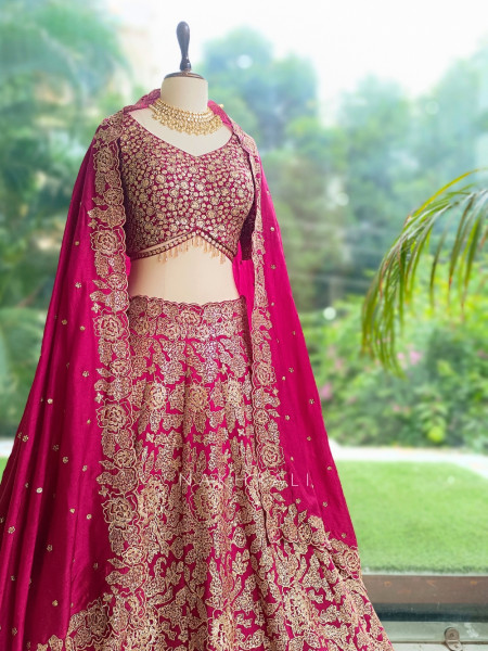 Pushkara Magenta Raw Silk  Bridal Lehenga