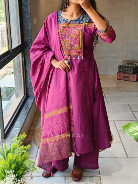 Zerith Solid Wine Kurta Pant Set with Phulkari Embroidered Yoke