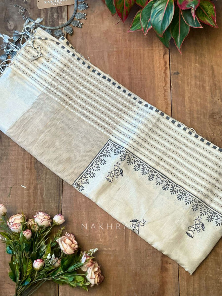 Vadi Black Raw Silk Saree with Kantha & Tribal Embroidery