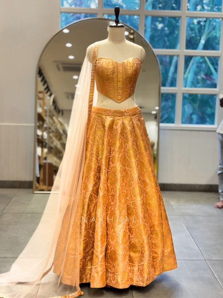 Aarunya Sunset Yellow Banarasi Brocade Silk Lehenga Set