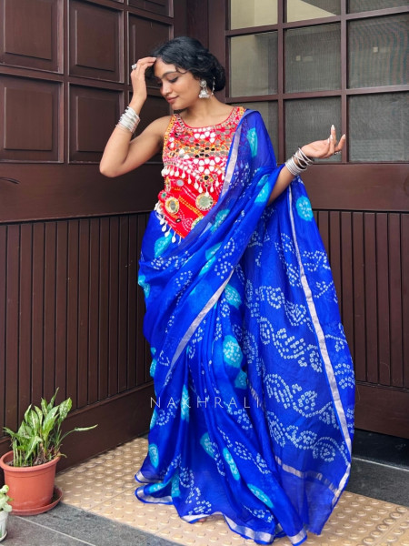 Ritvika Blue Bandhani Work & Silver Zari Border Saree