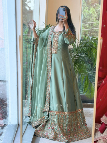 Imperial Blossom Green Silk Blend Anarkali Suit Set