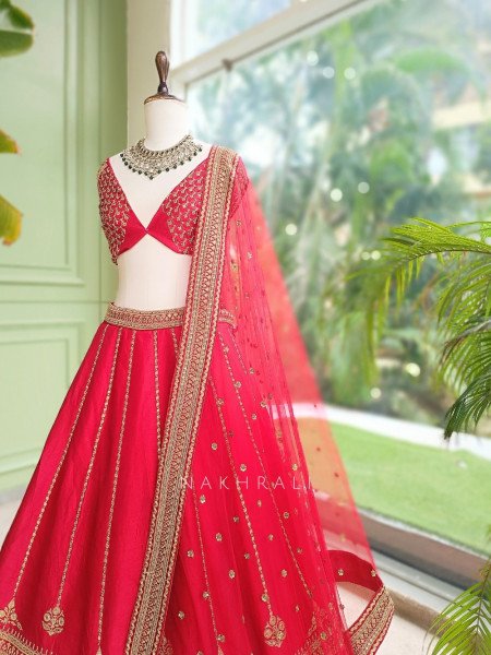 Rosethorne Red Raw Silk or Satin-Silk Unstitched Bridal Lehenga With Antique Zari Jaal Work
