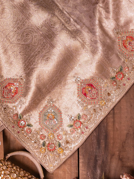 Royal Princess Beige Banarasi Silk Saree with Zardozi Detailing