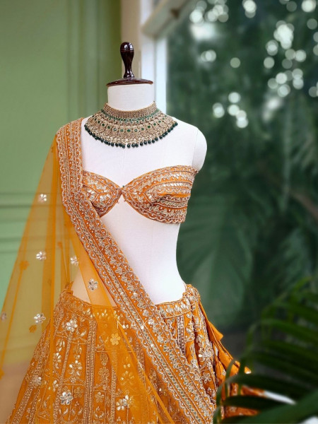 Saanvi Mustard Gota Patti Zari Lehenga with Unstitched Blouse