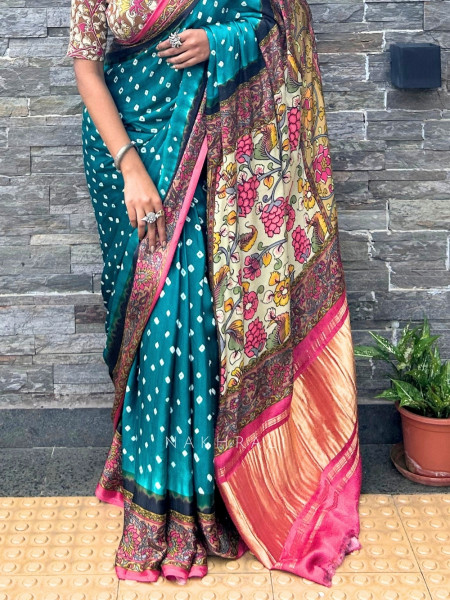 Kalam-Kari Bandhan Rama Green Gaji Silk – Bandhani Saree