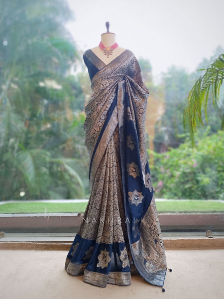 Noor-e-Kashi Katan Silk Blue Saree With Banarasi Zari Brocade Weave