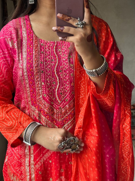 Rangdhaara Orange Bandhej Suit Set with Gota Patti Work