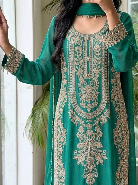Vermilion Green Georgette Crepe-Silk Blend Straight Suit Set