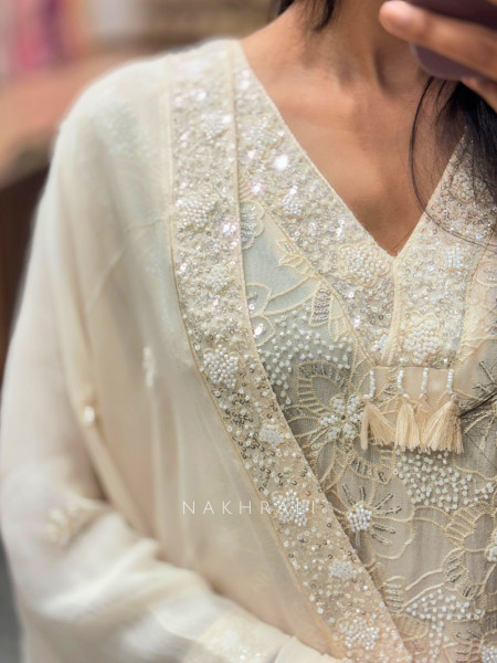 Noorleaf Cream Garara Set with Sequin and Cut Dana Work