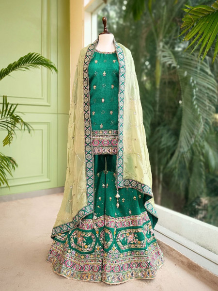 Emerald Radiance Silk Gharara Set with Sequin Embroidery