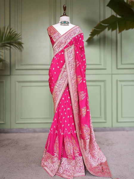 Padmika Magenta Banarasi Katan Silk Saree with Zari Buti and Meenakari Brocade Pallu