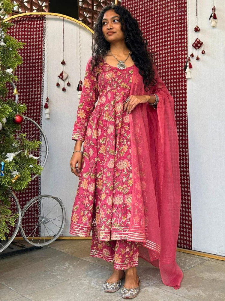 Image of Mrigya Magenta Floral Cotton Anarkali Suit Set with Gota Work