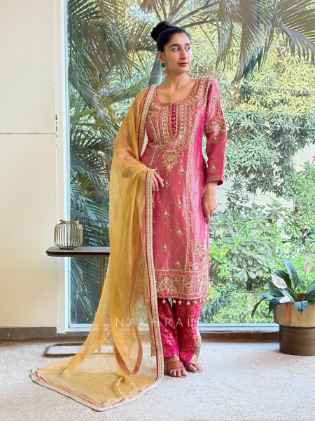 Millie Pink Embroidered Designer Suit Set with Golden Dupatta