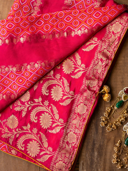 Pravahini Magenta Bandhani Saree with Sequin, Cut Dana & Mirror Work Readymade Blouse