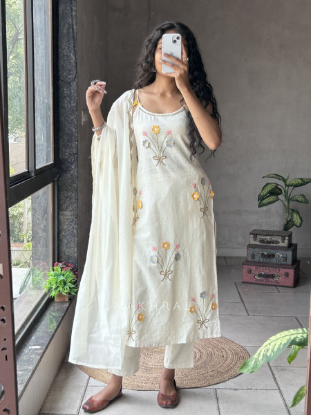 Kusumit Cream Khadi Cotton Suit Set with Embossed Flower Work