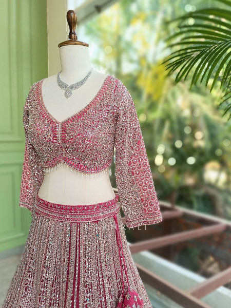Rivarka Pink Mirror and Bead Embroidered Bridal Lehenga