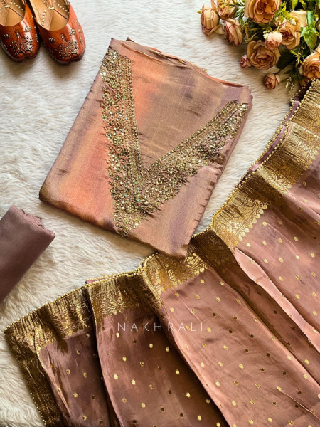 Aangan Purple Gold Silk Dress Material with Festive Borders